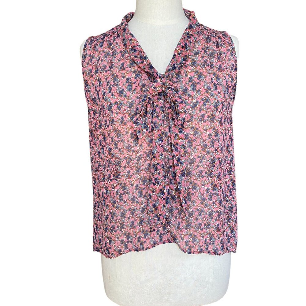 Paper Crane Anthropologie Tie Neck Sleeveless Blouse Pink Ditsy Floral Office-L